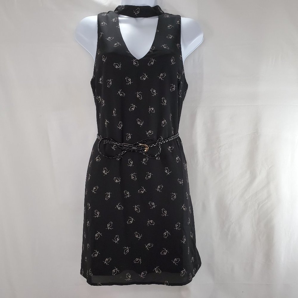 Women's V-neck mini black dress with braided belt